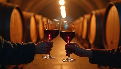 Fototapeta premium People clink glasses filled with red wine in dark cellar with aged oak barrels. Warm lights illuminate cozy atmosphere for tasting and celebration. Enjoying fine drink and friendship.