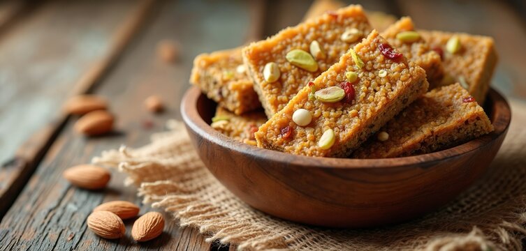 Sweet gajak bars with almonds and pistachios in bowl. Crunchy sesame seed snack on rustic wood table. Indian subcontinent dessert for winter holidays.