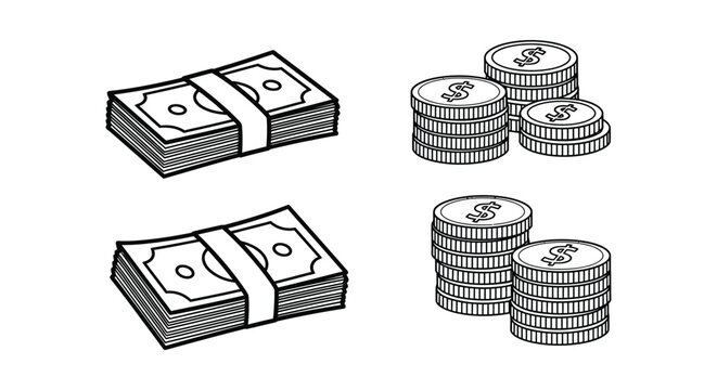 Vector graphic illustration of stacks of money and coins in a simple line design style
