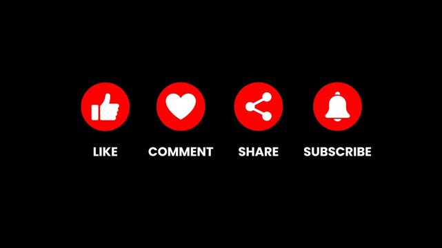 Animated like, comment, share, and subscribe buttons designed for social media call-to-action. Like Comment Share Subscribe Button Animation. Social Media CTA 4K