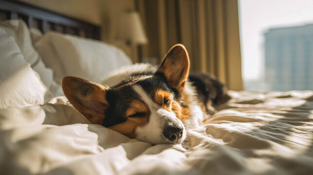 A corgi dog is curled up on a soft blanket in the warm morning sun. The concept of comfort, relaxation, carefree sleep, and love for pets.