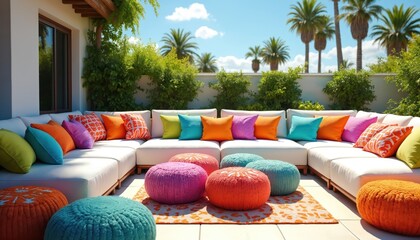 Obraz premium Bright outdoor lounge area with white sectional sofa colorful pillows poufs. Sunny day palm trees rich green plants create serene oasis. Invites relaxation.