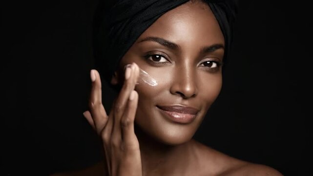 Retrato de beleza de uma linda mulher negra brasileira aplicando creme hidratante no rosto. Fundo preto com espa&ccedil;o para texto para an&uacute;ncio de cosm&eacute;ticos e skincare de luxo.