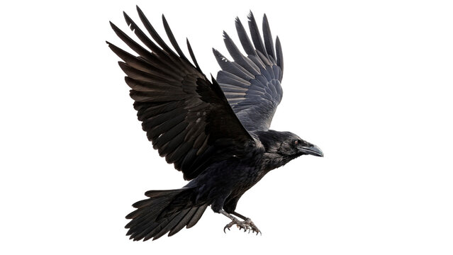 Large black crow flies with wings spread wide isolated on transparent background cut out