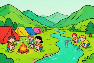 Obraz premium Children Camping by River with Campfire and Tents