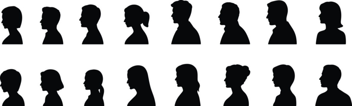 Human head silhouette illustration collection, fourteen diverse profiles with varied hairstyles and shapes, people portrait theme, vector art, black isolated bold design