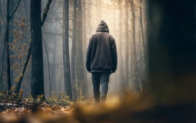 Obraz premium Figure Walking Alone Through Fog in Covered Forest