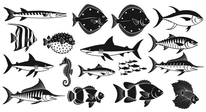 Collection of various fish species silhouettes.