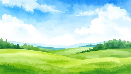 Obraz premium A vibrant watercolor painting depicts rolling green hills under a bright blue sky filled with fluffy white clouds.