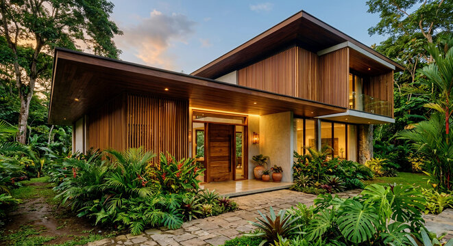 Modern tropical house with wooden facade and lush garden, warm residential architecture