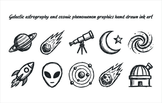 Galactic astrography and cosmic phenomenon graphics hand drawn ink art