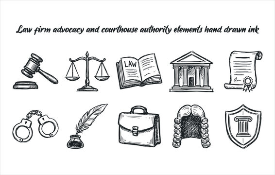 Law firm advocacy and courthouse authority elements hand drawn ink