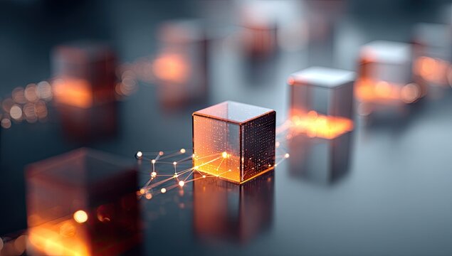 Glowing glass cubes linked by a network of light, symbolizing data and connectivity