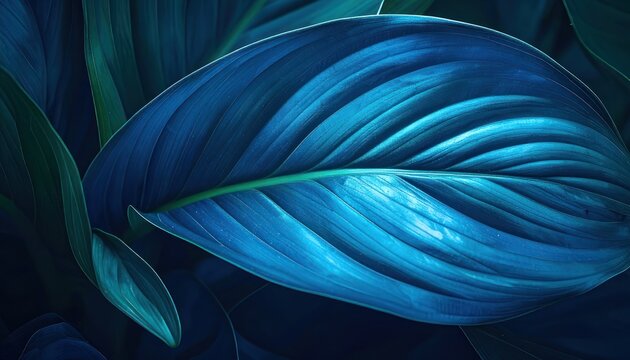 A close-up photograph showcases the intricate venation and vibrant blue-green hues of tropical leaves, creating a serene and visually captivating botanical composition.