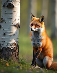 Fototapeta premium Red fox sits near birch tree trunk in spring forest. Wild mammal with orange fur, white chest, bushy tail looks alert. Blurred green background shows natural habitat.