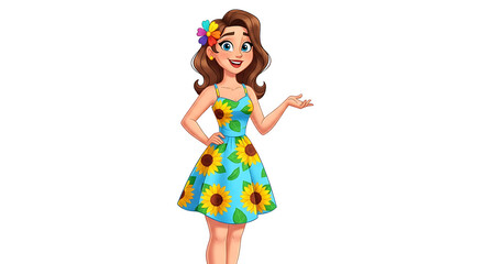 Fototapeta premium A cartoon woman wearing a blue dress with sunflowers on transparent background PNG
