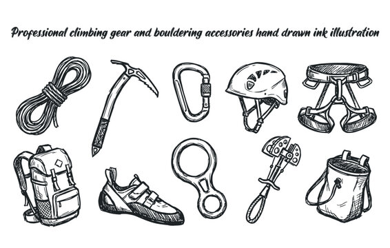 Professional climbing gear and bouldering accessories hand drawn ink illustration