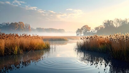 A serene landscape captures a tranquil river winding through a misty marshland, bathed in the soft glow of the rising sun, creating a peaceful and picturesque scene. © Karen