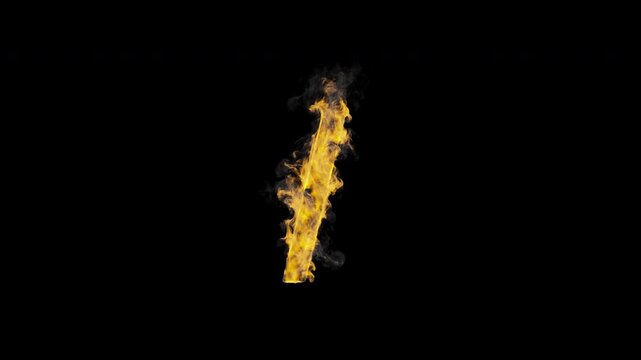 Burning slash / symbol with realistic flames and smoke on transparent background. Fiery punctuation animation for typography, coding, titles and motion graphics. Seamless loop in 4K, alpha channel.