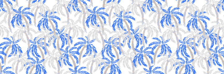 Seamless tropical palm tree vector pattern in blue and light gray on white background. Elegant summer design for wallpaper, fabric, textiles, packaging, and decor © incarnadine
