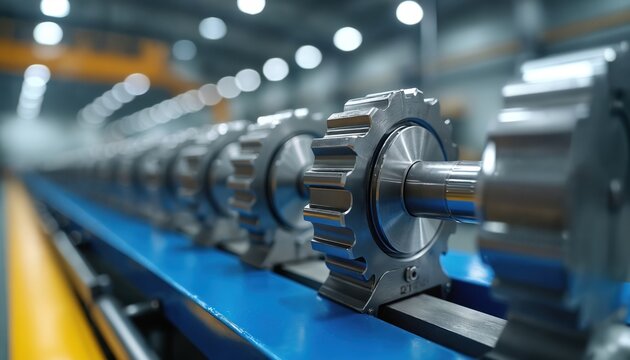 Metal gears ready for assembly on conveyor belt in modern manufacturing facility. Precision machine parts await integration into complex systems, signifying industrial production, technological