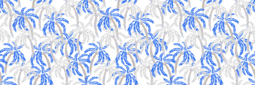 Seamless tropical palm tree vector pattern in blue and light gray on white background. Elegant summer design for wallpaper, fabric, textiles, packaging, and decor