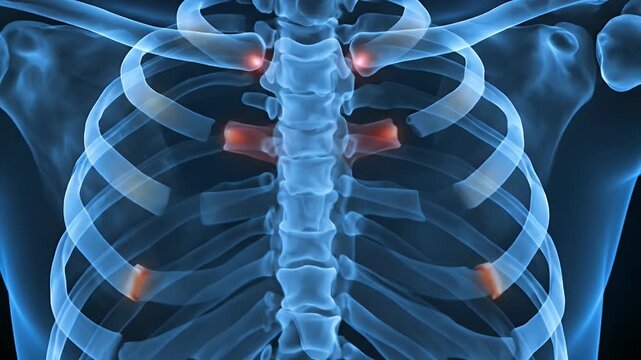 Anatomical 3D Rendering of Human Rib Cage and Spine with Inflammation Highlights.