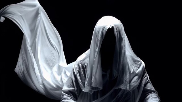 Scary ghost figure appears in dark space, creating an eerie atmosphere and unsettling presence during a late night encounter