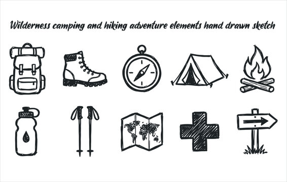 Wilderness camping and hiking adventure elements hand drawn sketch