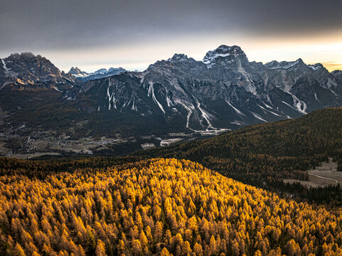 Aerial view of golden autumn trees contrasting with the rugged, snow-dusted Dolomites peaks of Cortina d'Ampezzo, Veneto, Italy.