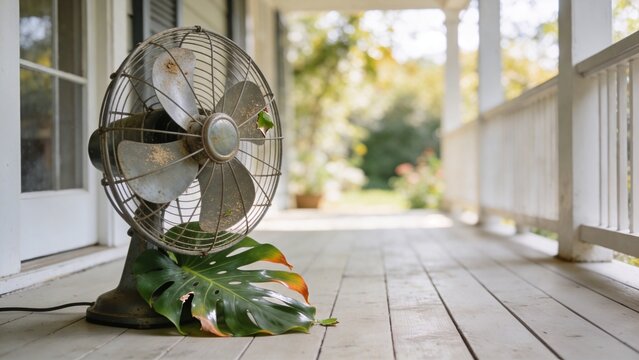 Vintage fan cooling tropical leaf on porch in natural setting  
