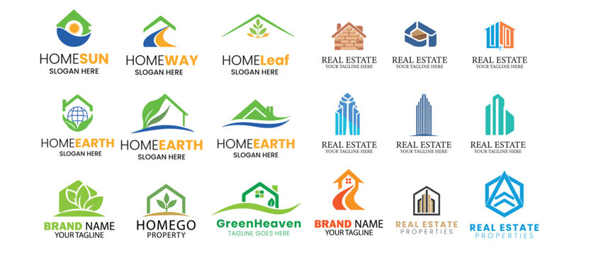Real estate logo collection with 18 modern house icons, green eco home branding set, professional property development vector symbols