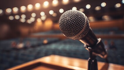 Obraz premium A close-up view of a microphone focused in front of a blurred out auditorium