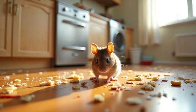 Small mouse eats food crumbs scattered on kitchen floor. Rodent foraging near cabinets and appliances, indicating a pest problem in domestic settings.
