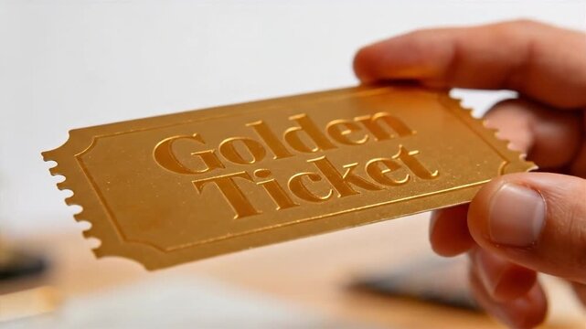 Hand holding a shiny embossed golden ticket, suitable for concepts of success, opportunity, prize, admission, award, and luxury.