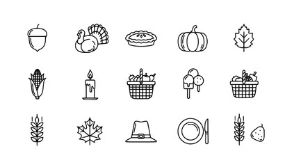 Linear thanksgiving icon pack with turkey acorn pumpkin and harvest elements for UI design © Lipi