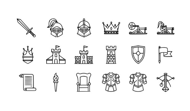 Linear medieval icon pack with knight castle sword queen and historic elements for UI design