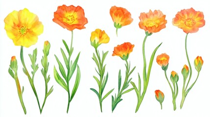 Obraz premium Watercolor painting of delicate orange and yellow poppy-like flowers on slender green stems, arranged in a horizontal row on white background
