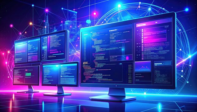 Multiple computer screens displaying code