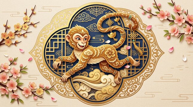 Stylized Chinese zodiac monkey paper cut design with cherry blossoms for 2028