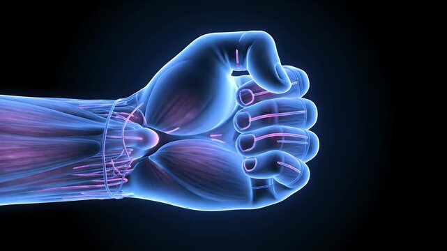Anatomical illustration of a human fist showing muscles and tendons.