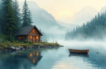 Obraz premium Wooden cabin by misty lake with boat. Pines and mountains create serene backdrop. Gentle water reflects warm cabin lights. Foggy morning atmosphere.