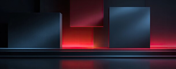 Fototapeta premium Dark, geometric composition featuring floating and grounded rectangular shapes with dual-color lighting