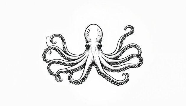 Minimalist line art shows octopus front view. Eight tentacles curl outwards from head on white background. Simple graphic creature art, great for logos and designs.