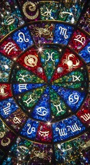 Fototapeta premium Zodiac Wheel - A Colorful Stained Glass Depiction of Astrological Signs.