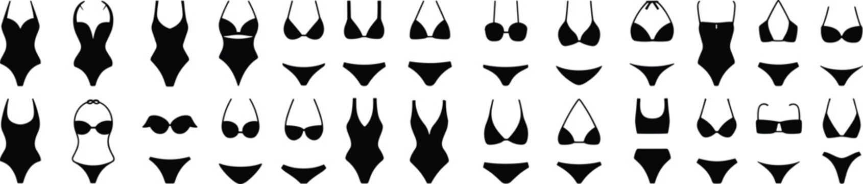 Swimwear silhouette illustration collection, women&rsquo;s one-piece and bikini designs with varied straps and cuts, fashion apparel theme, vector art, black isolated bold design