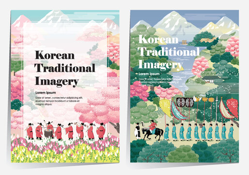 Joseon Dynasty Royal Guard Procession on Beautiful Korean Mountain Trail, Frame Template Set Vector Illustration