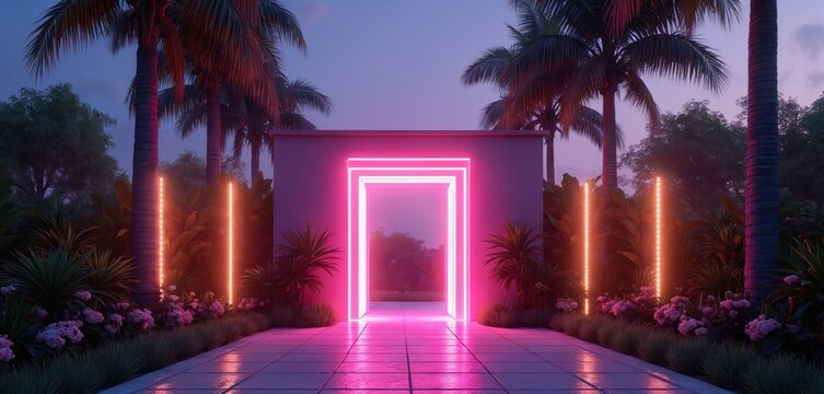 Modern neon doorway glows in lush tropical garden at twilight. Palm trees line pathway to resort oasis. Warm light invites exploration for vacation fun.