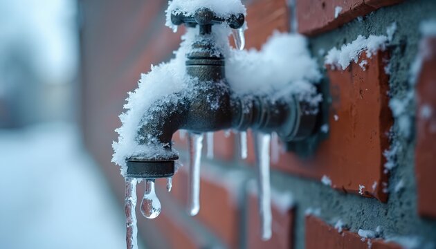 Frozen outdoor faucet on brick wall with icicles and single water drop. Symbolizes winter weather plumbing problems and potential pipe damage from freezing temperatures.