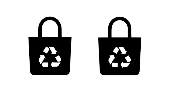 Vector illustration of two black tote bags with recycling symbols on a transparent background